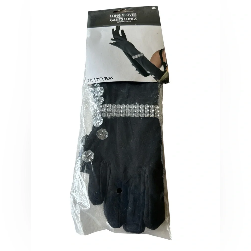 Elegant Long Black Satin Gloves w/Rhinestones stretchy Rhinestone Bracelet Prom